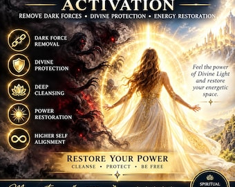 Könnte beinhalten: Eine digitale Grafik mit dem Titel Demon Exorcism Activation zeigt eine Figur in einem fließenden goldenen Kleid in einem hellen Lichtkreis, kontrastiert durch dunkle Schattenwesen. Text umfasst Remove Dark Forces, Divine Protection und Energy Restoration.