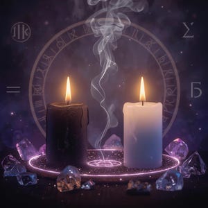 Könnte beinhalten: Eine mystische Szene mit zwei brennenden Säulenkerzen, eine schwarz und eine weiß, mit Rauch, der zwischen ihnen aufsteigt. Die Kerzen stehen auf einer leuchtenden kreisförmigen Plattform, umgeben von Kristallen. Im Hintergrund befindet sich ein großes, kreisförmiges Design mit Symbolen.