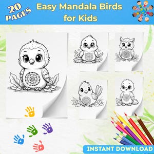 May include: A set of black and white coloring pages with easy mandala bird designs for children. Each page shows a different bird with a mandala pattern. The image includes the text "20 Pages" and "Easy Mandala Birds for Kids".