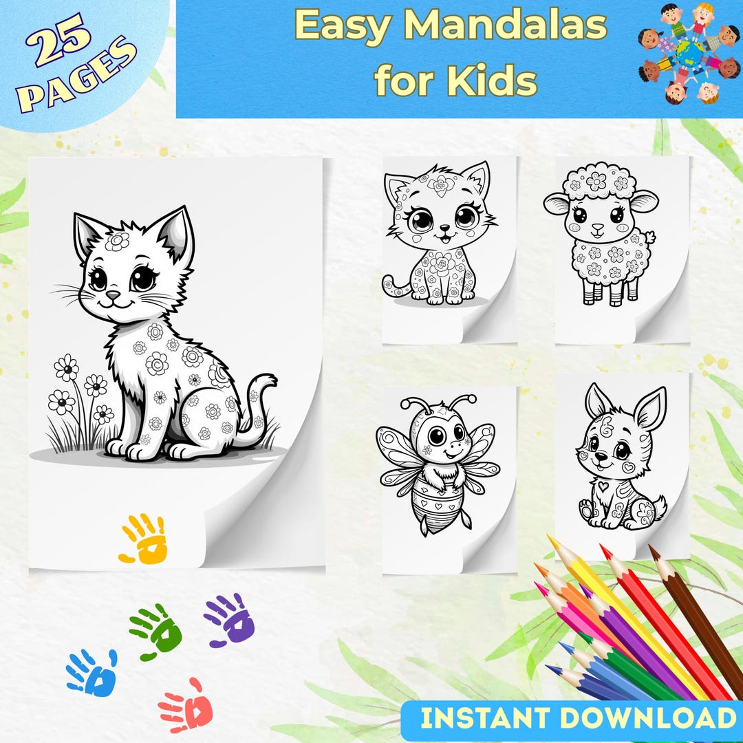 Kids Pattern Colouring In 25 Animal Coloring Pages for Kids: Easy Mandala Pattern Designs - Etsy
