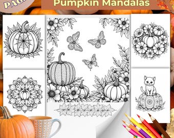 Puede incluir: Un libro para colorear imprimible con mandalas de calabaza. La portada muestra varios diseños de calabazas en blanco y negro, mariposas y elementos florales. El texto "Printable Pumpkin Mandalas" y "25 Pages" son visibles.