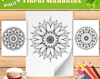 Könnte beinhalten: Druckbare Blumenmandalas mit über 100 Seiten, mit komplizierten Schwarz-Weiß-Designs. Das Bild enthält drei Mandala-Beispiele, Buntstifte und eine Tasse Tee. Der Text "Printable Floral Mandalas" und "Instant Download" sind sichtbar.