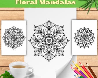 Floral Mandala Coloring Pages: Mindfulness Art, 25 Printable PDF Designs (Instant Download)