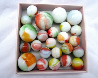 Set of 24 Marbles - Shiny White with Multi Coloured Splashes