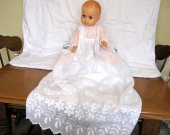 Vintage Christening Gown - White Cotton Baptism Robe - Antique Dress for Doll or Bear