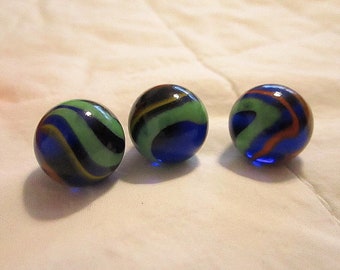 Dark Blue Glass Marbles with Coloured Swirls