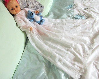 Vintage Christening Gown - White Cotton Baptism Robe - Antique Dress for Doll or Bear