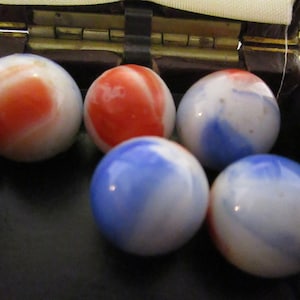 Five Small Blue, Red, and White Veined Marbles - Onion Skin Style
