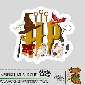 May include: A sticker featuring a stylized design with the letters "HP" in gold, incorporating elements like a Sorting Hat, a wand, a scarf, a snowy owl, a phoenix, and a broom. The sticker also includes the text "SPRINKLE ME STICKERS".