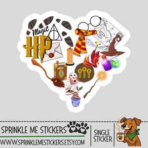 May include: A heart-shaped sticker featuring various magical elements. Includes glasses, a scarf, a map, a sorting hat, a phoenix, potion bottles, a wand, a broom, a book, an owl, and footprints. The sticker has the text "Magic HP".
