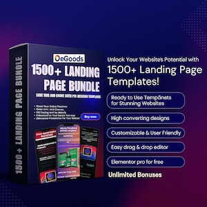 May include: A dark box set against a gradient purple and blue background, featuring the text "1500+ Landing Page Bundle." The set includes a list of features and sample website templates on mobile screens. The text "Unlock Your Website's Potential" is also visible.