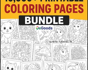 May include: A bundle of printable coloring pages featuring various designs, including a cat, flowers, a mushroom, a unicorn, and a toucan. The text at the top reads "10,000+ PRINTABLE COLORING PAGES" and "BUNDLE" in a black banner.