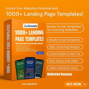 Pode incluir: Uma caixa laranja com o texto "1000+ Landing Page Templates" e três smartphones exibindo modelos de sites. A imagem também inclui o texto "Ready to Use Templates" e "Easy drag & drop editor."