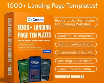 Könnte beinhalten: Eine orangefarbene Box mit dem Text "1000+ Landing Page Templates" und drei Smartphones, die Website-Vorlagen anzeigen. Das Bild enthält auch den Text "Ready to Use Templates" und "Easy drag & drop editor."