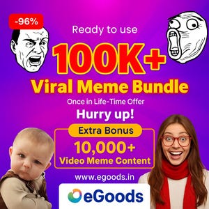 Può includere: Una grafica promozionale con uno sfondo sfumato viola e rosa. Presenta facce di meme, il testo "100K+ Viral Meme Bundle" e "10.000+ Video Meme Content". L'immagine include l'indirizzo del sito web www.egoods.in e il logo OeGoods.