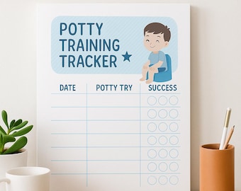 May include: A white potty training tracker with the words "Instant Download" at the top. The tracker has a blue header with the words "Potty Training Tracker" and an illustration of a child. Includes spaces for dates and success tracking.