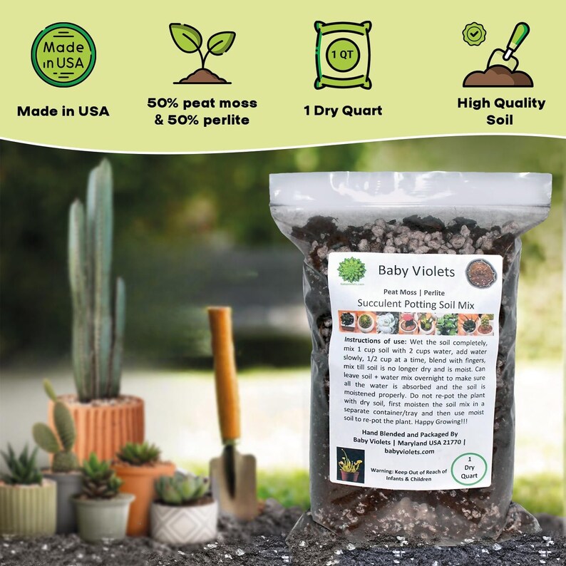 Puede incluir: Una bolsa de 1 litro de mezcla de tierra para macetas de suculentas Baby Violets, hecha con turba y perlita. La bolsa est&aacute; etiquetada con instrucciones de uso y una advertencia para mantenerla fuera del alcance de beb&eacute;s y ni&ntilde;os.