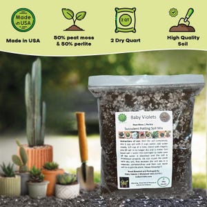 May include: A clear plastic bag containing 2 dry quarts of Baby Violets succulent potting soil mix, composed of 50% peat moss and 50% perlite. The label includes instructions for use, ingredient details, and company information for Baby Violets.
