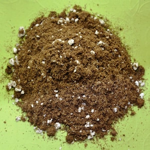 Puede incluir: Primer plano de una mezcla de tierra para macetas marr&oacute;n con perlita blanca. La mezcla est&aacute; sobre una superficie verde.