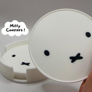 Miffy Coasters With Holder (Set of 4) | Custom Color | Miffy Decor | Kawaii Room Decor | Gift for Miffy Lovers | Bunny Coasters | 3D Printed