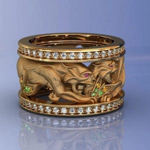Handmade Quarter panther ring, Diamond jagur Band, 14K yellow gold Ring, equestrian gift, Panther lover Ring, wedding band, Panther jewelry.