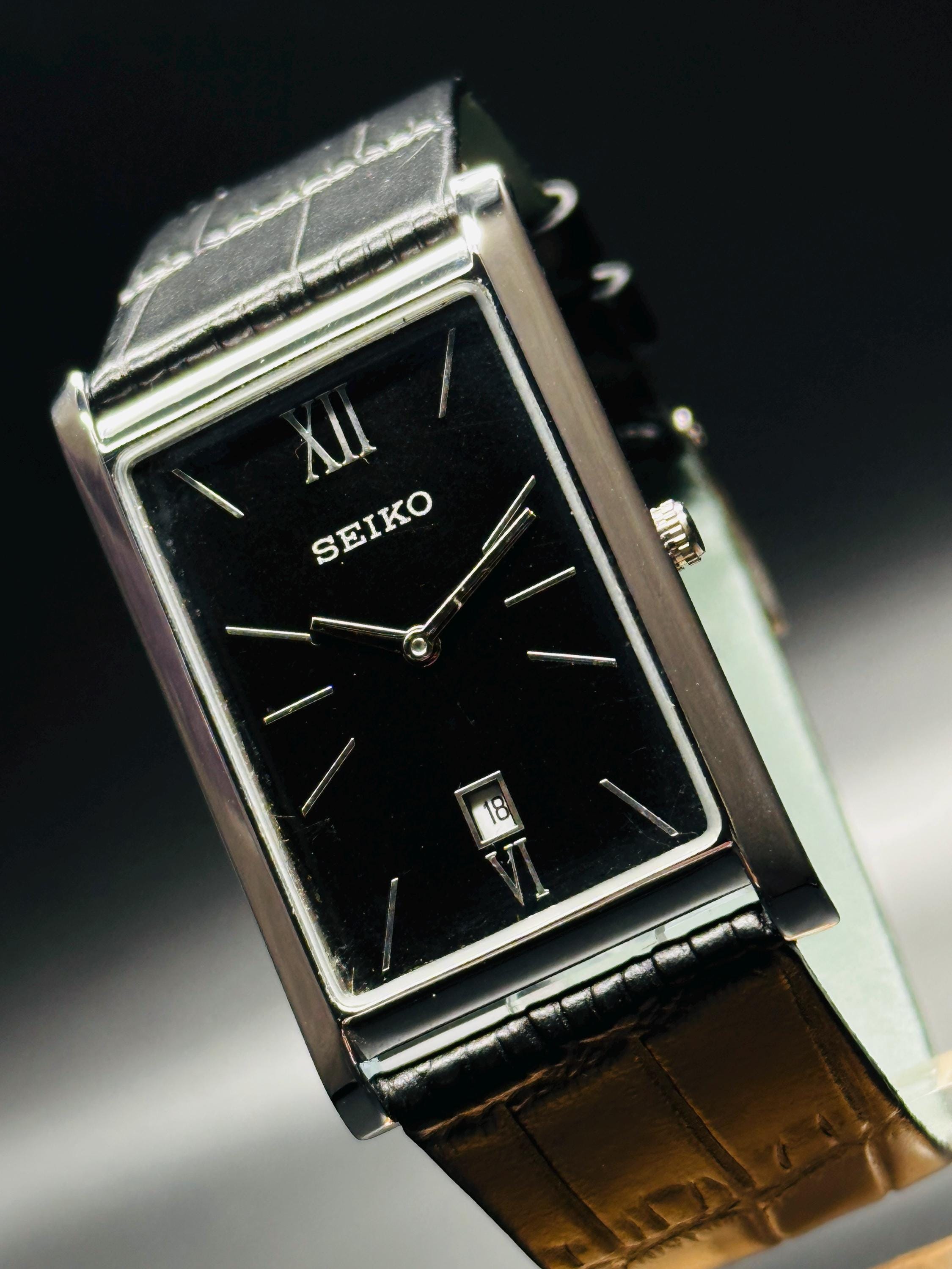 Rectangular Leather Strap Silver Dial Dress Watch with Japanese Quartz Movement vintage Seiko Slim Tank Quartz Men White Dial Light Brown  main image 3