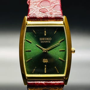 Vintage Seiko rektangulär klocka: grön urtavla, smalt rostfritt stålboett