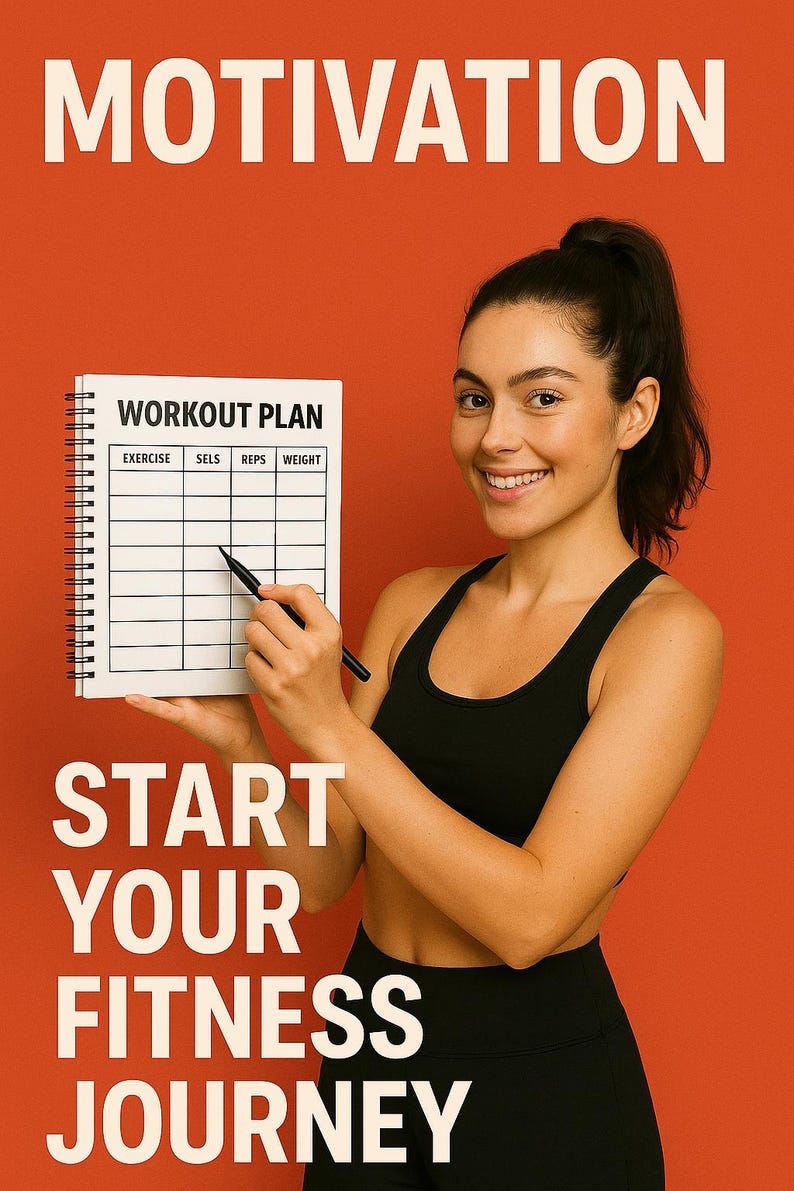 K&ouml;nnte beinhalten: Oranger Hintergrund mit dem Wort &bdquo;MOTIVATION&ldquo; in Wei&szlig;. Eine Frau in einem schwarzen Sport-BH und Leggings h&auml;lt ein Trainingsplan-Notizbuch. Das Notizbuch enth&auml;lt die W&ouml;rter &bdquo;WORKOUT PLAN&ldquo; und Spalten f&uuml;r &Uuml;bung, S&auml;tze, Wiederholungen und Gewicht. Der Text &bdquo;START YOUR FITNESS JOURNEY&ldquo; steht darunter.