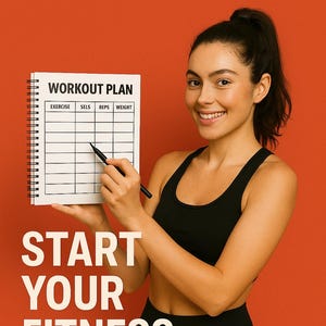 Könnte beinhalten: Oranger Hintergrund mit dem Wort „MOTIVATION“ in Weiß. Eine Frau in einem schwarzen Sport-BH und Leggings hält ein Trainingsplan-Notizbuch. Das Notizbuch enthält die Wörter „WORKOUT PLAN“ und Spalten für Übung, Sätze, Wiederholungen und Gewicht. Der Text „START YOUR FITNESS JOURNEY“ steht darunter.