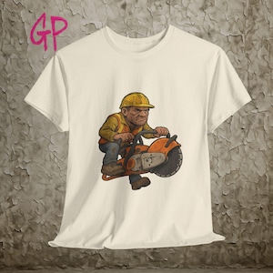 Grumpy Construction Worker Riding Cut Off Saw Funny Builder T Shirt Gift For Tradesman High Vis Cartoon Workwear Graphic Tee Paddy Motorbike