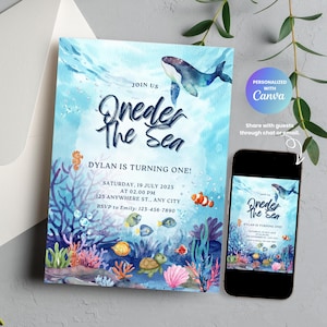 Invitación de cumpleaños de Oneder the Sea, invitación de primer cumpleaños del océano bajo el mar, plantilla editable de Canva, imprimible para fiesta de cumpleaños de niño en el mar