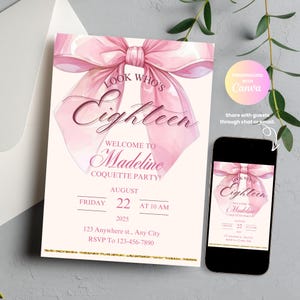 Modèle d'Invitation Coquette 18e anniversaire, noeud rose dix-huit invitations, toile modifiable fête de ses débuts fille imprimable, téléchargement numérique