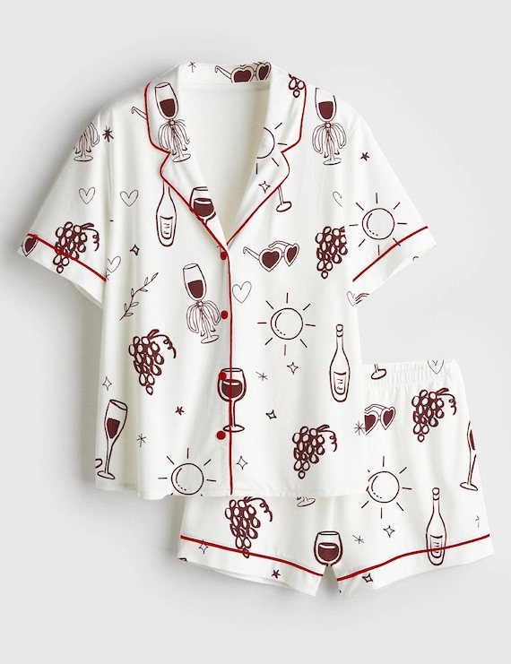 Women’s Satin Pajama Set, Vino Before Vows Print, Bachelorette Wine Theme PJs, Short Sleeve Bridal Shower Pajamas, Wedding Party Gift