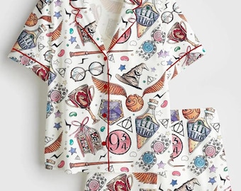 HP Wizard School Wizard Academy Magic School Satin Pajama Set, Wizard Academy Magic Pajama Sleepwear, Nightwear Set Gifts For Her