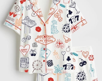 Las Vegas Wedding Casino Party Short Sleeve Satin Pajama Set, Family Pajamas Satin Set, Gift For Wedding Casino, Christmas Shirt Las Vegas