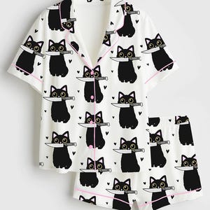 Women’s Halloween Black Cat With Kniffe Short Sleeve Satin Pajama Set, Funny Cat Halloween Pajama Sleepwear, Kawaii Set for Her