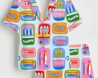 Colorful Sardine Satin Pajama Set, Mediterranean Fish Long Sleeve Sleepwear, Silky Foodie Gift PJs, Coastal Grandmother Loungewear