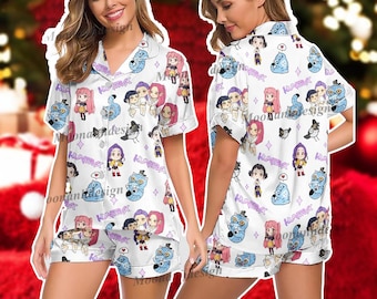 Demon Hunter Pajamas Set, Huntrix Girl Pajamas Demon, Mira Rumi Joey Sleepwear, Satin Pajama Set Short Sleeve Women Gifts