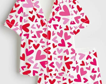 Valentine Heart Satin Pajama Set, Adorable Short Sleeve Sleepwear with Romantic Heart Print, Pajama Gift for Couple