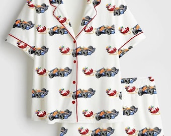 Women’s Lando Norris McLaren F1 Christmas Pajama Set, Short Sleeve Satin Holiday PJs, Formula One Sleepwear Gift for Racing Fans