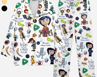 Coralne Pajama Novelty Set Pajama, Cartoon Pajama Set Satin, Short Sleeve Loungewear, Gift for Her Women Sleepwear