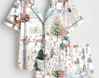 Women’s White Christmas Ballet Christmas Tree Elk Short Sleeve Satin Pajama Set, Pajama Nightwear Hot, Pajama Nightwear, Set for Her Women