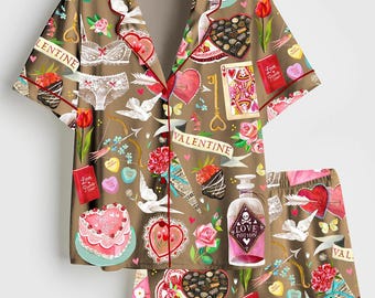 Be My Valentine Art Satin Pajama Set, Short Sleeve Sleepwear for Valentine’s Day, Pajama Gift for Couple