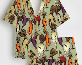 Dancing Carrots Satin Pajama Set, Whimsical Green Short Sleeve Sleepwear, Silky Garden Party PJs, Cute Vegetable Loungewear