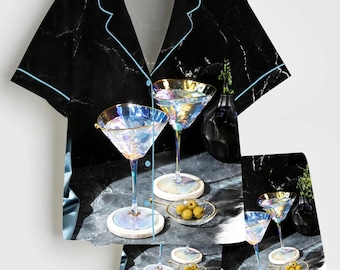 Martini Glass Satin Pajama Set, Gold Rim Cocktail Short Sleeve Sleepwear, Silky Iridescent Drinks PJs, Luxury Bachelorette Party Gift
