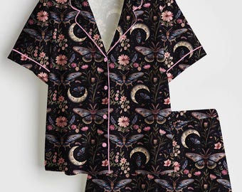 Night Garden Mystical Moth Magic Witchy Floral Satin Pajama Set, Halloween Magic Witchy Floral Pajama Sleepwear, Nighwear Set for Her