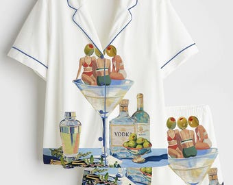 Vintage Dirty Martini Satin Pajama Set, Women’s Retro Bar PJs, Cute Cocktail Sleepwear, Party Gift Idea for Her, Pajama Family