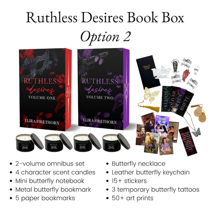 May include: A book box set labeled "Ruthless Desires Book Box Option 2" featuring two books, candles, stickers, a necklace, and more. The books are black and red, and black and purple. The set includes a variety of themed items.