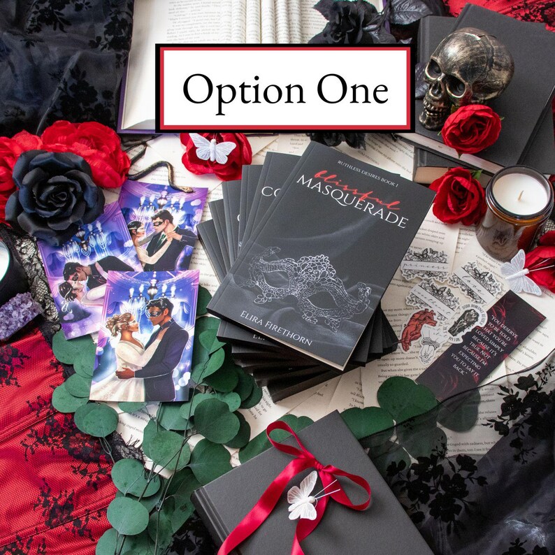 May include: A collection of books titled "Wicked Masquerade" with a black cover and a mask design. The image includes red roses, a skull, and decorative cards. The text "Option One" is displayed in a white font on a red and black background.