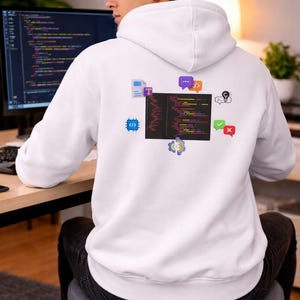 Puede incluir: Sudadera con capucha blanca con un diseño gráfico en la espalda que presenta símbolos de codificación, un fragmento de código y bocadillos. La sudadera con capucha la lleva una persona sentada en un escritorio con un ordenador que muestra código.